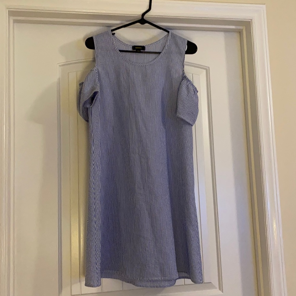 Blue and white striped dress open shoulders